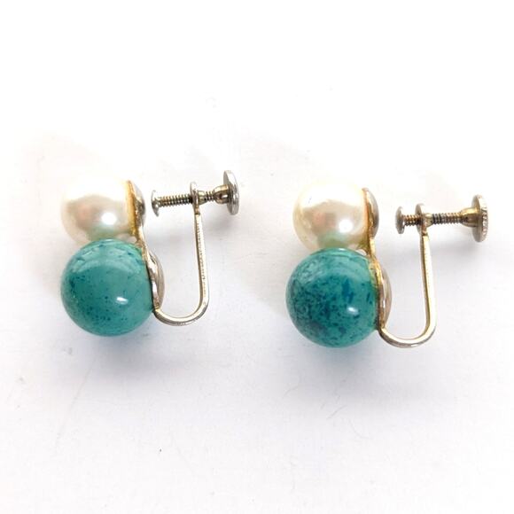 Vintage Retro 50s Stacked Gumball Faux Pearl Screwback Clip On Earrings - Picture 3 of 3